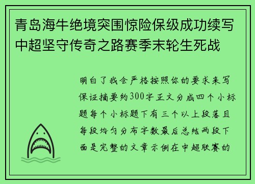 青岛海牛绝境突围惊险保级成功续写中超坚守传奇之路赛季末轮生死战