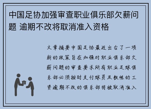 中国足协加强审查职业俱乐部欠薪问题 逾期不改将取消准入资格